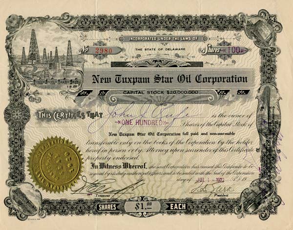 New Tuxpam Star Oil Corporation - Stock Certificate